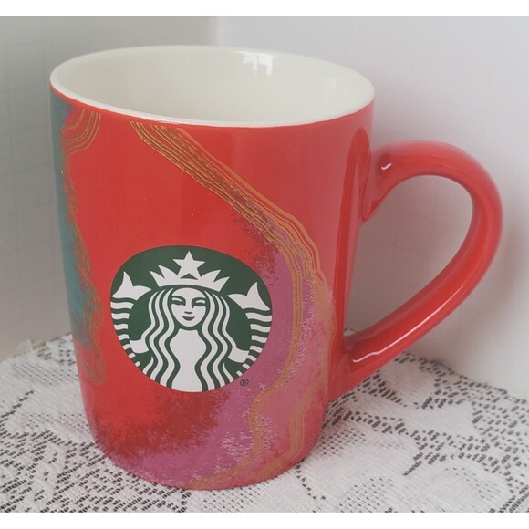 Starbucks Red Green Fancy Swirl Green Logo Coffee Tea Mug 2021 10 oz Mermaid Cup - Picture 1 of 7
